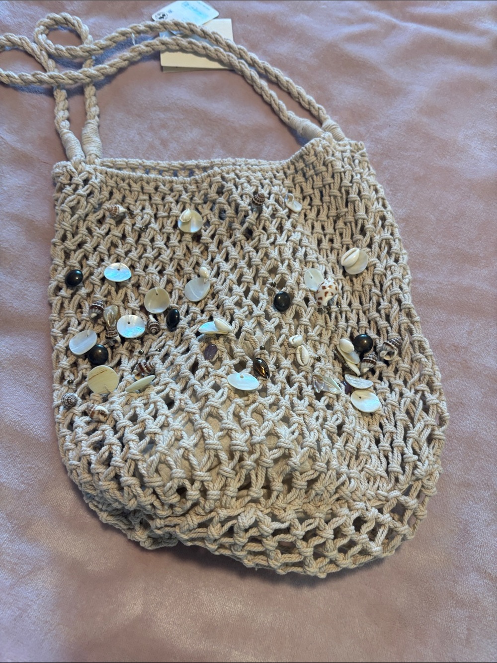 Free People Beige Crochet Crossbody Bag with Shell Accents